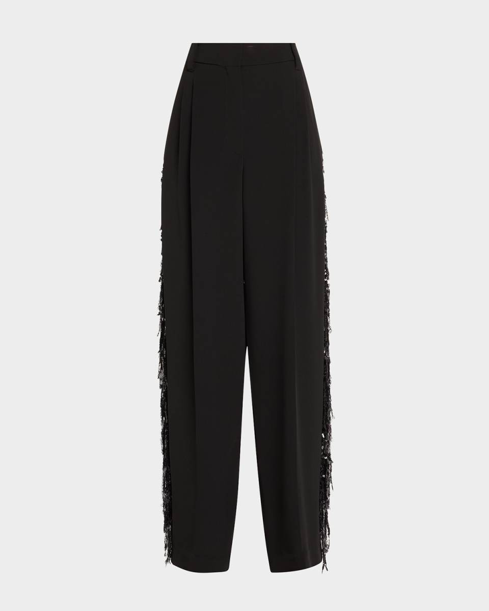 Low-Slung Paillette Waterfall Wide-Leg Tuxedo Pants